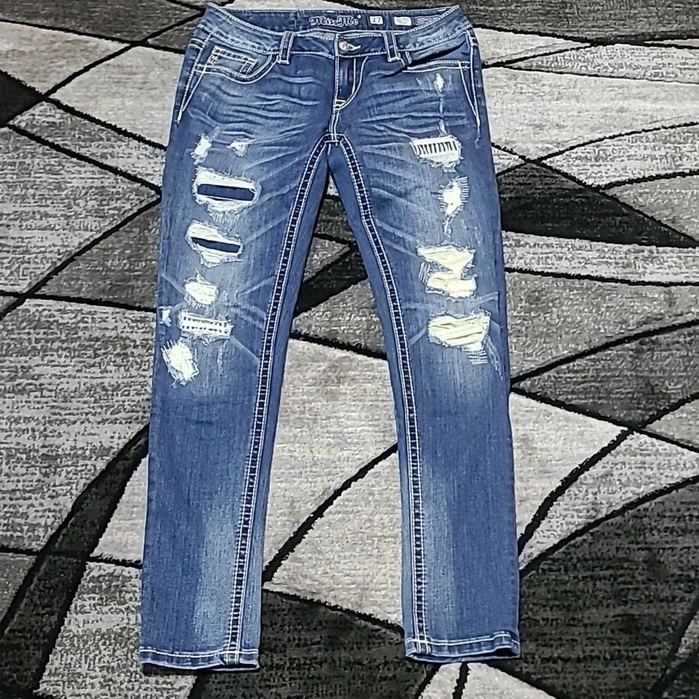 MISS ME DESTRUCTION PATCHWORK MID-RISE SKINNY DENIM JEAN